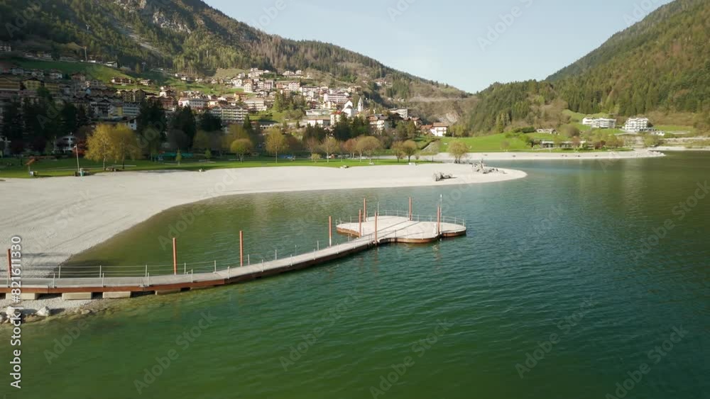 Aerial View Of Lakeshore Observation Deck At Lake Molveno in Trentino, Italy. Orbit Motion Shot Aerial View Of Lakeshore Observation Deck At Lake Molveno in Trentino, Italy. Orbit Motion Shot