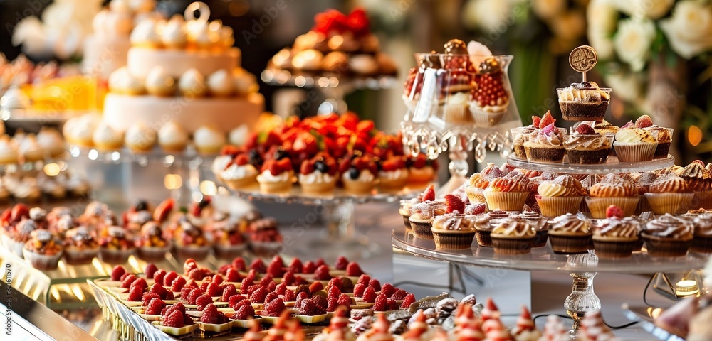 Elegant dessert buffet at a wedding reception, featuring an array of beautifully presented sweet treats. 