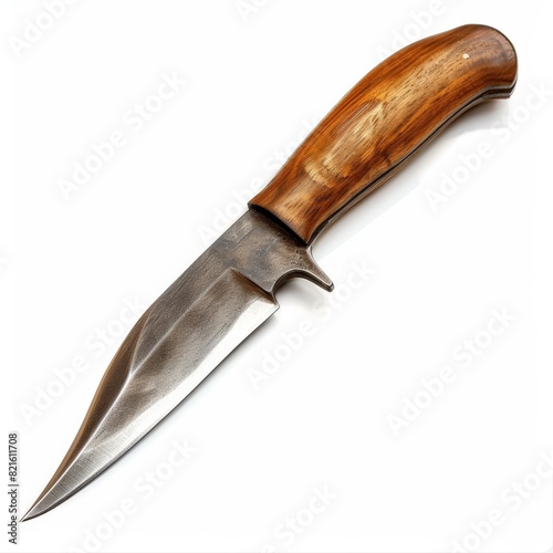 Sharp Hunting Knife with Wooden Handle Isolated on White Background. Generative AI.