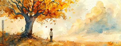 A boy gazes at a tree in the fall.