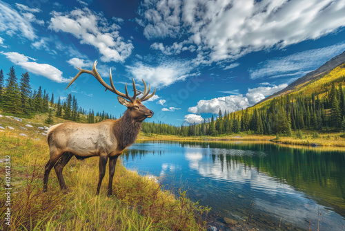 A majestic elk with impressive antlers stands beside an emerald lake in the heart of British Columbia s wilderness