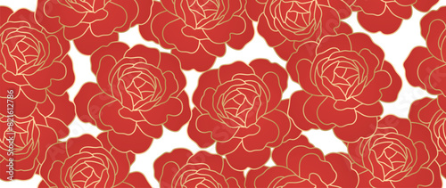 Happy Chinese new year background vector. Luxury gold  Red rose flower wallpaper design for ads, banner, invitation, envelop and prints.