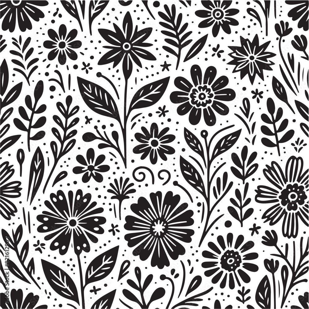 Fototapeta premium Floral Nature graphic leaf, scribble grunge brush texture doodle hand drawn seamless pattern