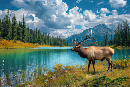 A majestic elk with impressive antlers stands beside an emerald lake in the heart of British Columbia's wilderness