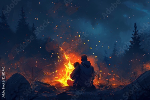 A man and a child are sitting next to a fire, the man is holding the child