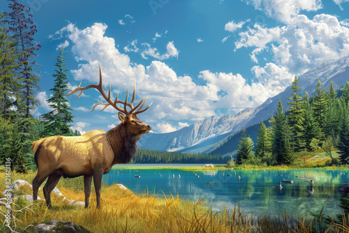 A majestic elk with impressive antlers stands beside an emerald lake in the heart of British Columbia's wilderness