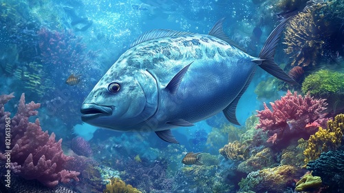 Ulua Giant Trevally with Protruding Jaw Swimming in Vibrant Coral Reef with Colorful Fish and Coral photo