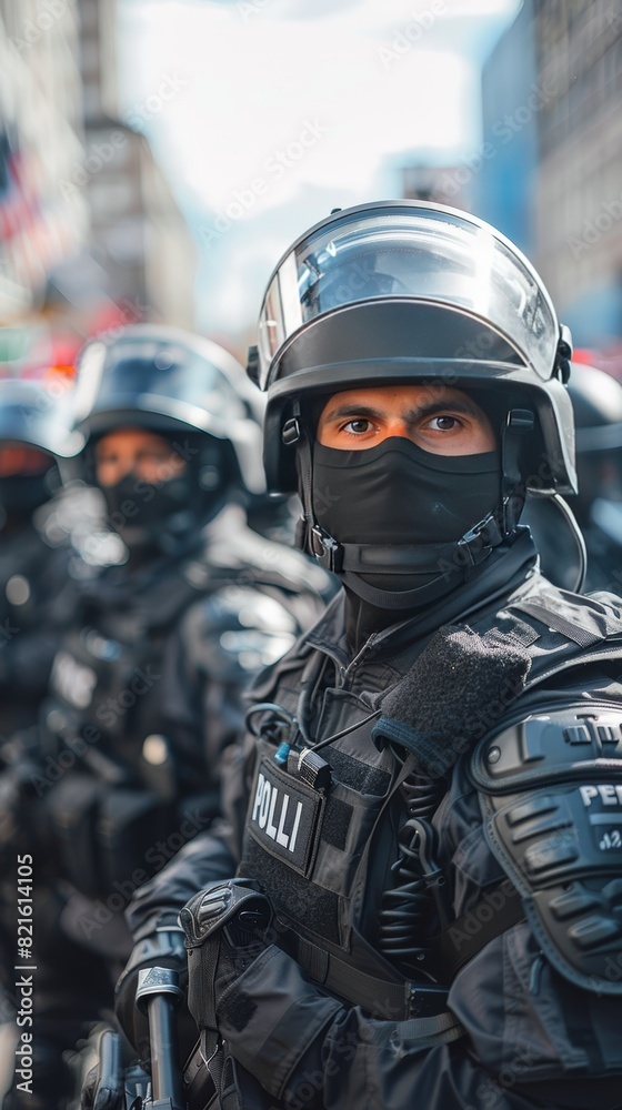 Close-up of a police officer in riot gear with a line of officers in the background, ready for action during a public event. Close-up of a police officer in riot gear with a line of officers in the background, ready for action during a public event.