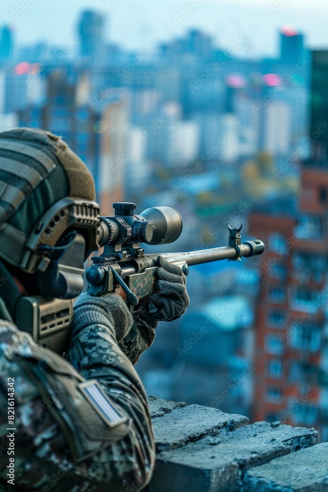Sniper in camouflage aiming rifle from urban rooftop with cityscape in background. Military reconnaissance and strategic positioning concept. Sniper in camouflage aiming rifle from urban rooftop with cityscape in background. Military reconnaissance and strategic positioning concept.