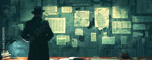 Mysterious detective stands in front of a cluttered evidence wall, illuminated by a desk lamp, piecing together complex clues.
