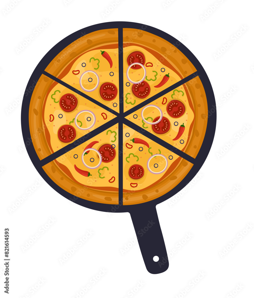 Mexican Pizza. Vector illustration of italian pizza. Pizza with chili, basil, tomato, peppers, onion and cheese