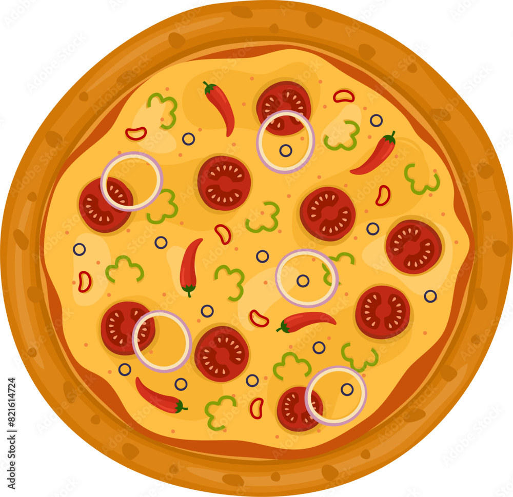 Mexican Pizza. Vector illustration of italian pizza. Pizza with chili, basil, tomato, peppers, onion and cheese Mexican Pizza. Vector illustration of italian pizza. Pizza with chili, basil, tomato, peppers, onion and cheese