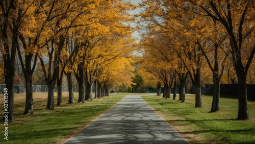 Tranquil tree-lined pathway in a park during autumn, showcasing vibrant fall foliage colors