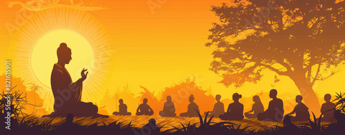 A silhouette of Buddha teaching to a group of people under a tree