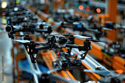 High-tech manufacturing plant with drone propeller units on an assembly line