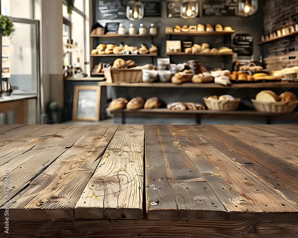 Rustic Wooden Table in Cozy Artisan Bakery Interior with Faded Backdrop and Copy Space