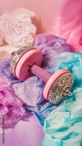  Stylish pink dumbbells encrusted with crystals on a soft pastel background. Ideal for fitness advertising. photo
