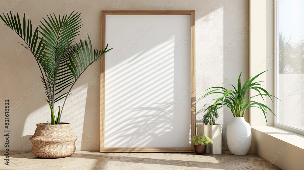 Interior poster mockup with vertical wooden frame in home interior background Interior poster mockup with vertical wooden frame in home interior background