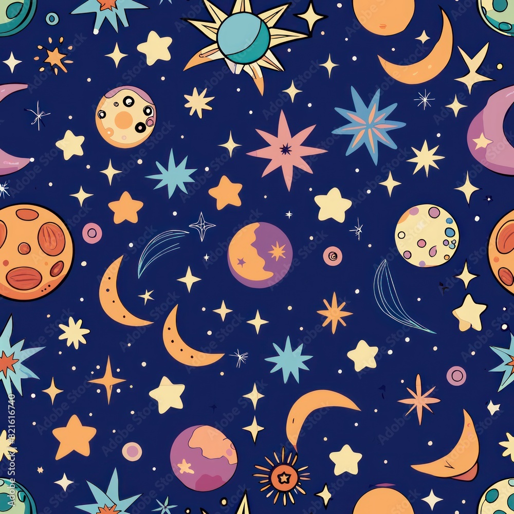 Fototapeta premium Seamless pattern of celestial motifs like stars, moons, and constellations, perfect for a celestial-themed gift wrap, Generative AI