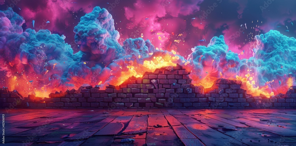 Fototapeta premium brick wall collapsed and destroyed futuristic