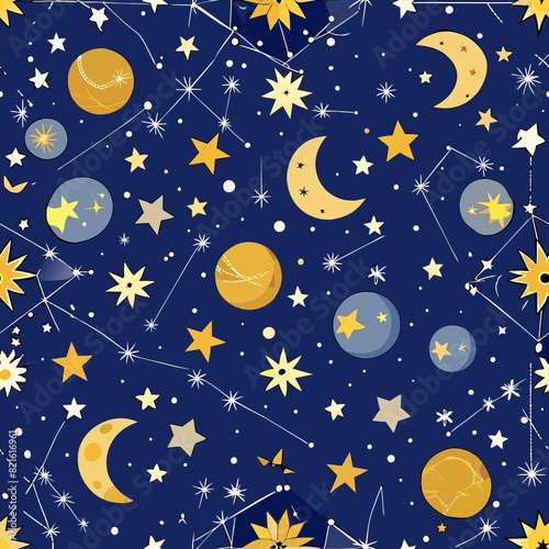 Seamless pattern of celestial motifs like stars, moons, and constellations, perfect for a celestial-themed gift wrap, Generative AI