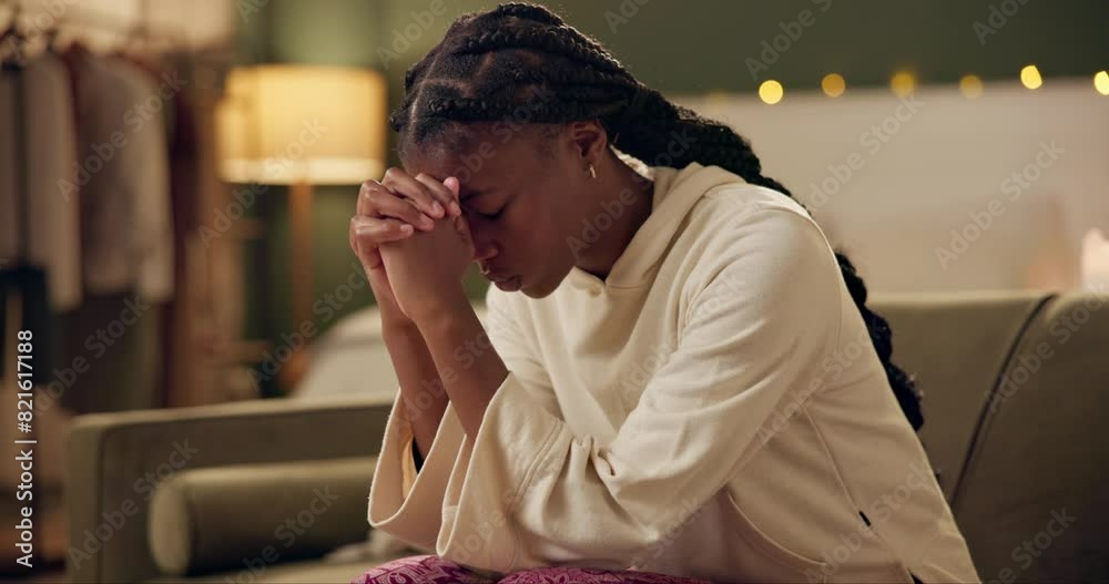Night, worship and prayer in home with woman meditate for spiritual faith, hope and gratitude. Girl, praying and practice mindfulness or thank you god, Jesus and Christian trust in spirituality