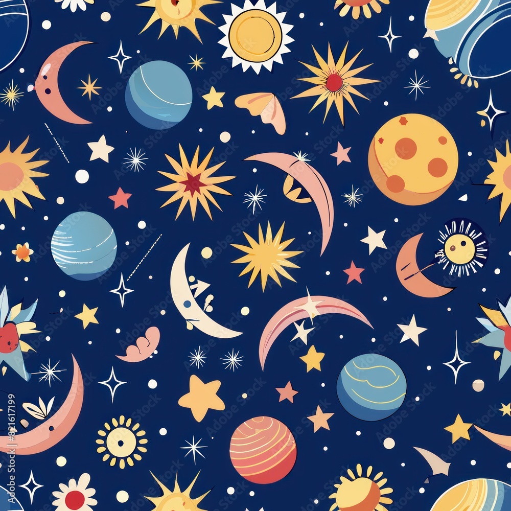 Seamless pattern of celestial motifs like stars, moons, and constellations, perfect for a celestial-themed gift wrap, Generative AI Seamless pattern of celestial motifs like stars, moons, and constellations, perfect for a celestial-themed gift wrap, Generative AI