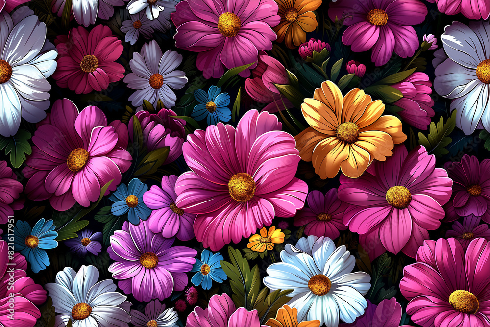 A colorful flower field with a variety of flowers including pink, white A colorful flower field with a variety of flowers including pink, white