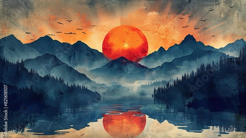 An illustration of a sun rising behind mountains, with rays forming the word 