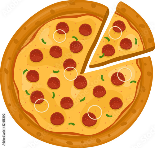 Pepperoni Pizza. Vector illustration of italian pizza. Pizza with pepperoni, vegetable, onion and cheese
