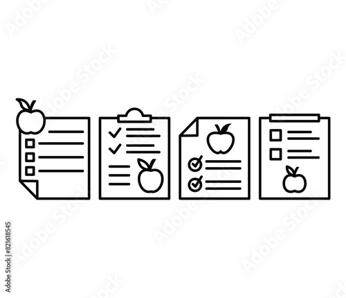 diet plan healthy nutrition clipboard with fruit icon vector design simple line black white illustration symbol collections template sets
