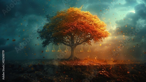A conceptual artwork of a tree with branches holding symbols of justice and equality, representing the values of democracy. photo