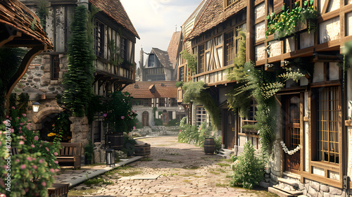 Fototapeta Naklejka Na Ścianę i Meble -  A small town with a cobblestone street and old buildings