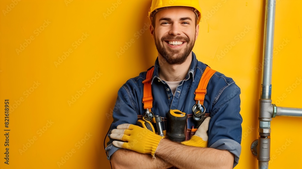 Cheerful Plumber in Uniform Holding Tools on Yellow Background Cheerful Plumber in Uniform Holding Tools on Yellow Background