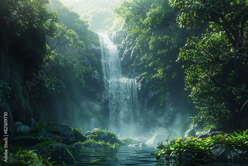 A waterfall cascading down into a lush green gorge