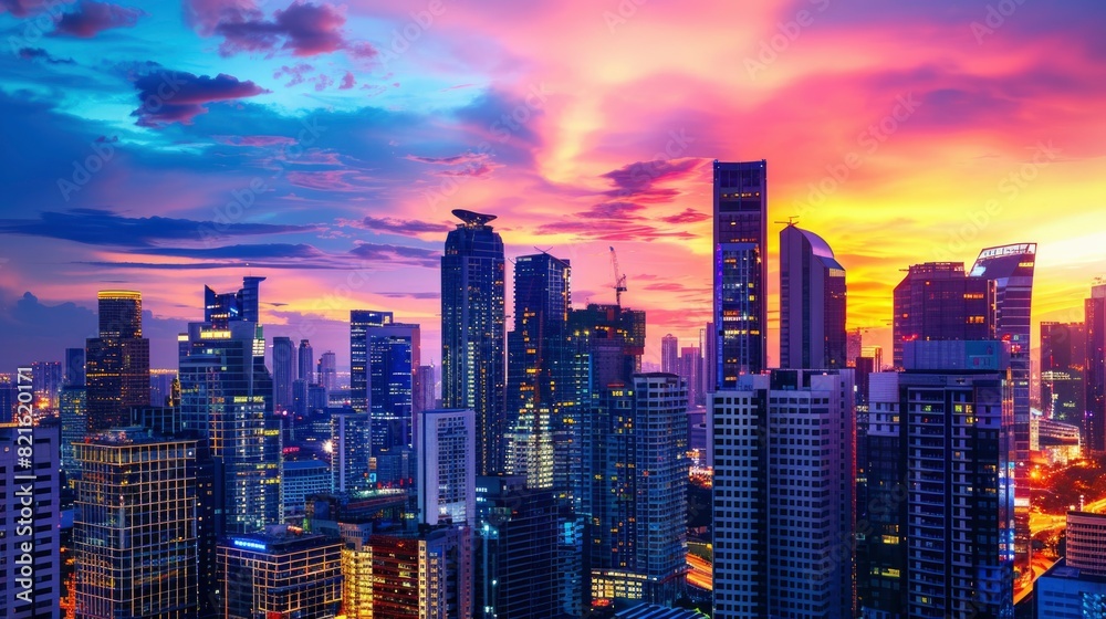 Obraz premium A city skyline at sunset with a colorful sky