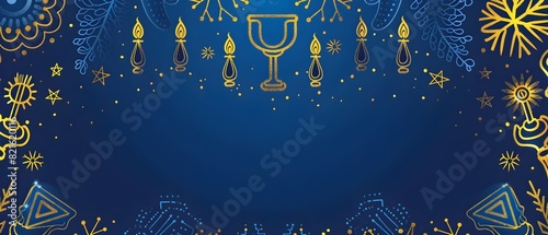 Festive Hanukkah Background with Abstract Doodle Patterns Candelabras and Celestial Symbols in Elegant Blue Gold and Ivory Color Scheme photo