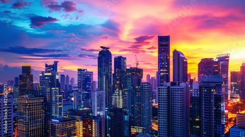 A city skyline at sunset with a colorful sky