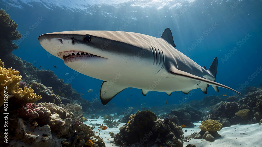 Fototapeta premium shark Resting Among Colorful Coral Formations underwater