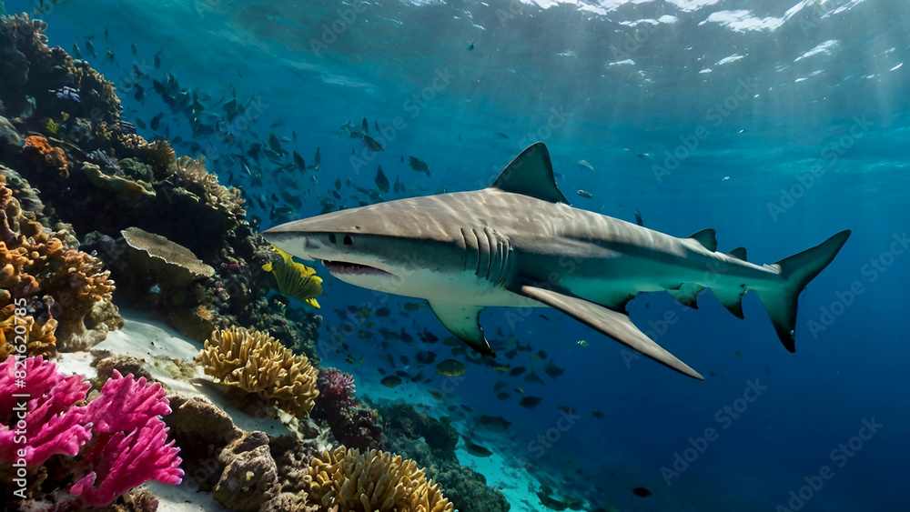 shark Resting Among Colorful Coral Formations  underwater