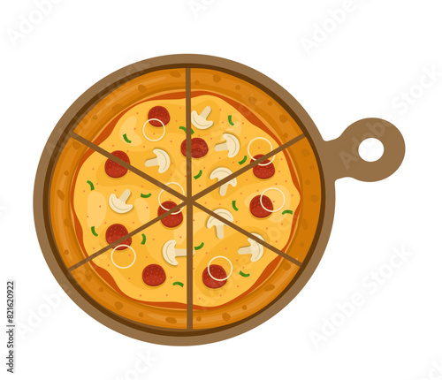 Mushroom with Pepperoni Pizza. Vector illustration of italian pizza. Pizza with mushroom, pepperoni, peppers and cheese