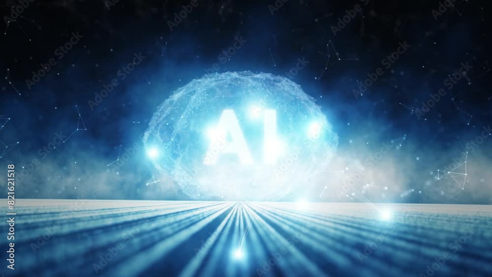  Abstract artificial intelligence brain on digital landscape network background.