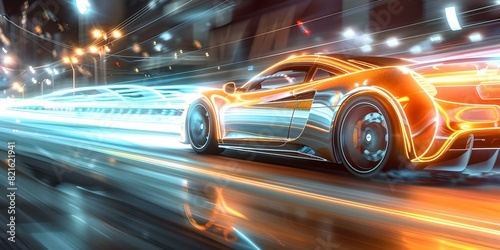 Neonlit sports car speeding on highway at night vibrant colors 3D. Concept Nighttime  Sports Car  Highway  Neon Lights  Vibrant Colors