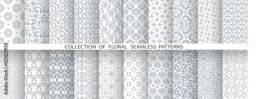 Geometric floral set of seamless patterns. White and gray vector backgrounds. Damask graphic ornaments