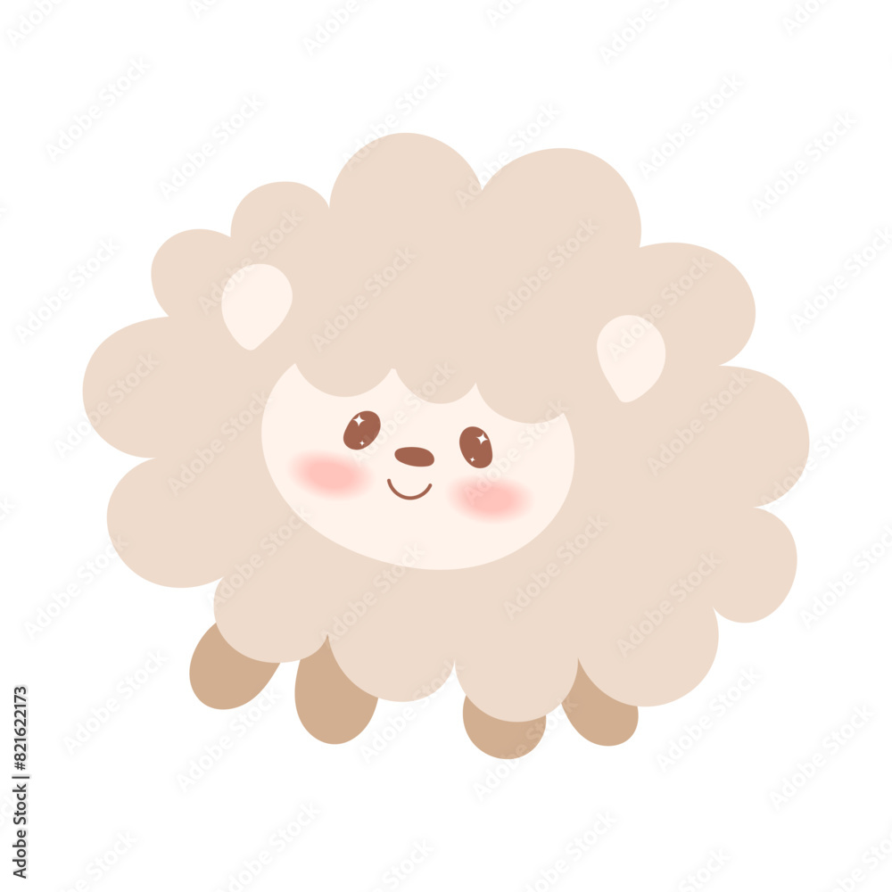 Cute kawaii lamb,sheep,mutton in hand draw flat style isolated on white background. Children vector illustration.Cartoon funny baby animal character design.Soft pastel colors.