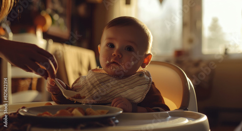 baby sitting in high chair, mother feeding baby with spoon, food on plate