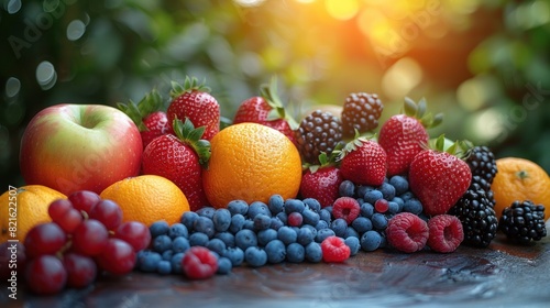 Assorted fresh organic fruits on blur sunlight background