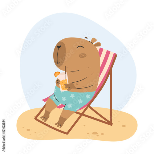 Capybara with orange juice sunbathing on the beach