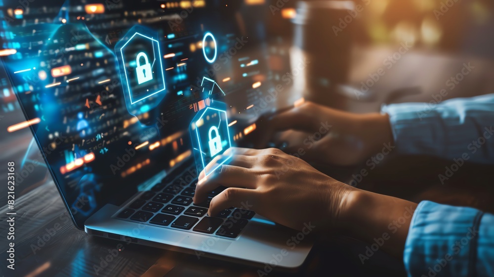 Person working on laptop with digital security icons, focusing on data protection and cyber security in a blurred office background. Person working on laptop with digital security icons, focusing on data protection and cyber security in a blurred office background.