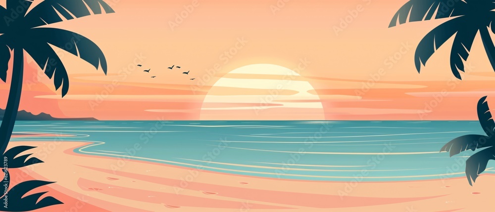sunset at exotic tropical beach with palm trees and sea, colorful illustration in style of purple and orange nature sunset at exotic tropical beach with palm trees and sea, colorful illustration in style of purple and orange nature